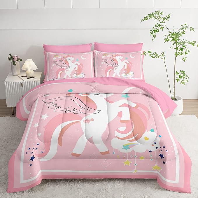 7Pcs Comforter Set Cartoon Pink Unicorn Printed Bedding Set with 1 Comforter,1 Flat Sheet,1 Fitted Sheet and 4 Pillowcases for Boys and Girls Bedroom All Season(Twin)