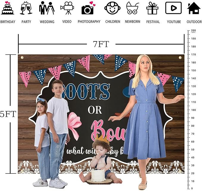 Western Cowboy Boots or Bows Gender Reveal Backdrop for Boy or Girl 7x5Ft Baby Shower Newborn Party Banner Photo Background Party Decoration Supplies Polyester Fabric Reusable