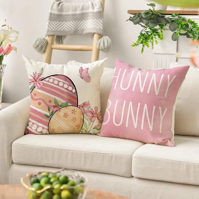 AVOIN colorlife Happy Easter Hunny Bunny Pink Throw Pillow Covers, 20 x 20 Inch Easter Eggs Bunny Spring Cushion Case for Sofa Couch Set of 4