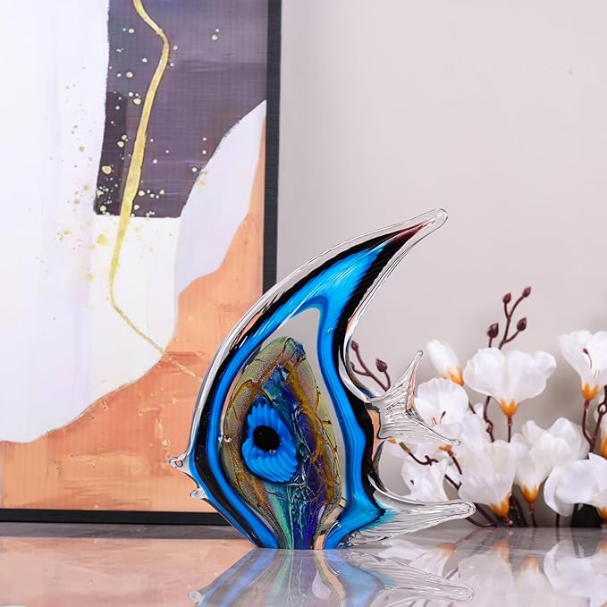 DOVDOV Hand Blown Glass Fish Sculpture, Blue and Colored Glass Fish Decorations, Colorful Home Decorations for Bookshelf, Office, Living Room TV Stand, Room Decor Aesthetics.