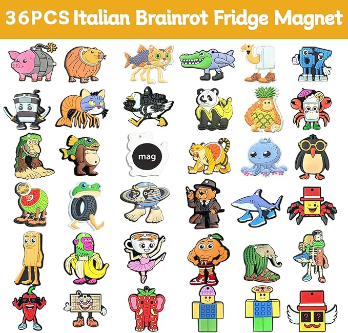 Italian Brainrot Refrigerator Magnets, 36-Pack — Soft Rubber Magnetic Set for Fridge/Whiteboard/Locker, Assorted Multicolor Home & Office Décor (36)