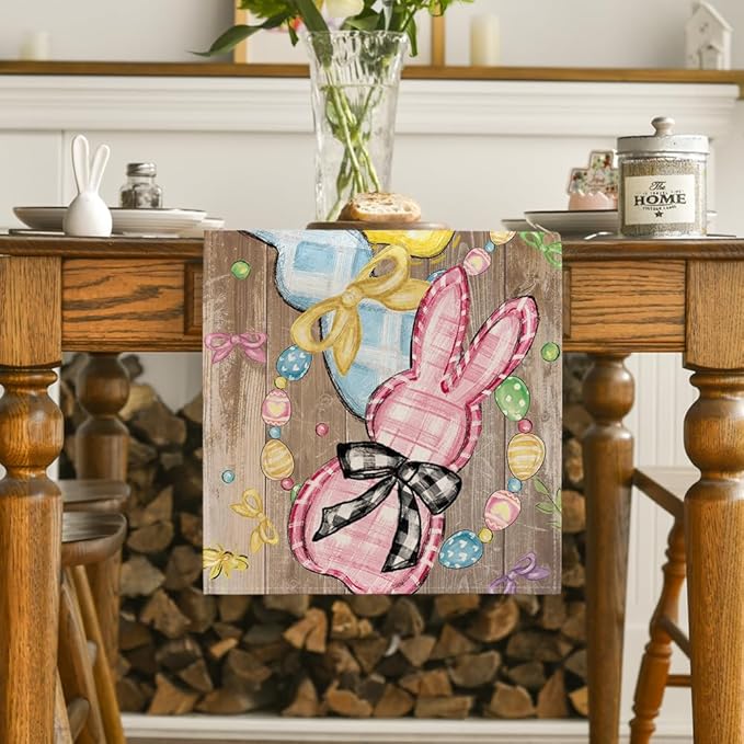 Artoid Mode Wood Floral Bow Bunny Rabbits Eggs Easter Table Runner, Seasonal Spring Kitchen Dining Table Decoration for Home Party Decor 13x72 Inch