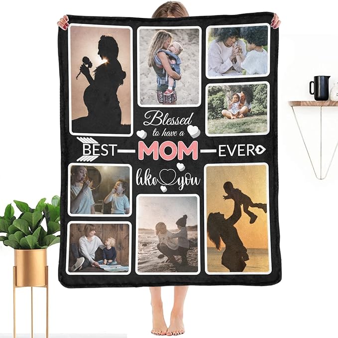 Custom Blanket Gifts for MOM, Customized Blankets with Photos, Make a Personalized Bed Throws to My Mom for Mothers Day, Custom Souvenir Throw Blanket for Best Mom Ever, 8 Collages Made In USA