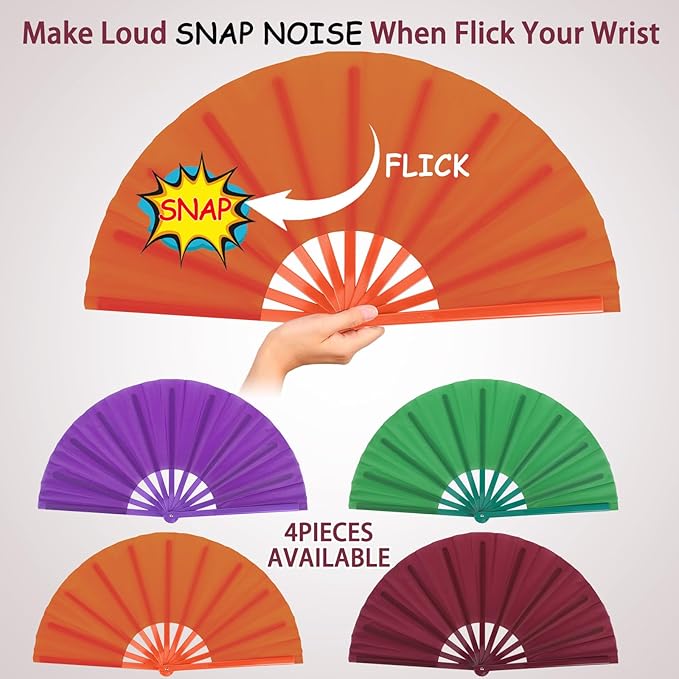 Blulu 4 Pcs 13 Inch Large Folding Hand Fans for Line Dancing Big Clapping Popping Raves Fans Bulk for Dancing Boots on The Ground Festival Party Decoration(Classic Style, Retro Color)