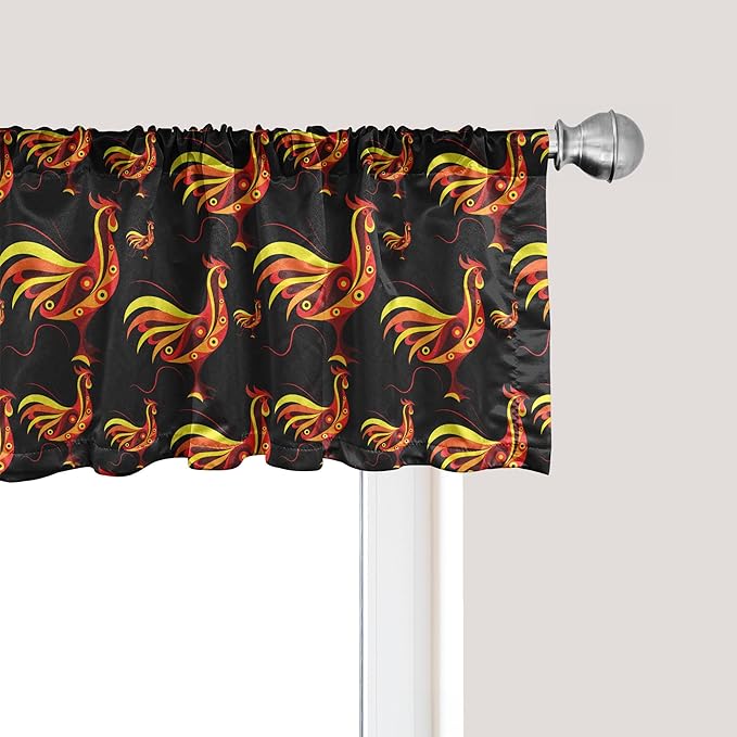 Ambesonne Farm Window Valance Pack of 2, Warm Colored Curled Ornamental Abstract Plumy Roosters Fowls, Rod Pocket Curtain Valances for Kitchen Bedroom, 42" X 18", Charcoal Grey Multicolor