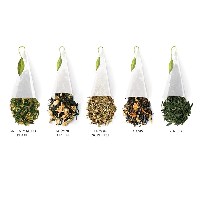 Tea Forte Premium Petite Presentation Box Gift Set Sampler, 10 Count, 2 of Each Blend Individually Wrapped Handcrafted Pyramid Infuser Bags, Green Tea