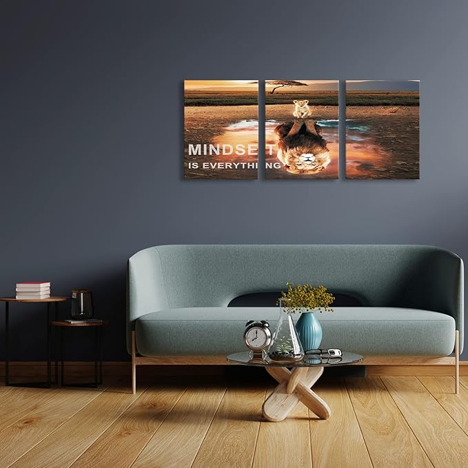 Mindset Is Everything Wall Art Lion Motivational Canvas Wall Art Posters Prints 3 Pieces Inspirational Quote Painting for Office Bedroom Decor