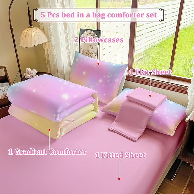 Rainbow Bedding Set Full Size – 5 Piece Reversible Girls Comforter with Deep-Pocket Sheet, Gradient Galaxy Design, Whole-Piece Filling, Machine Washable Bed-in-a-Bag for Kids Room Makeover & Gifts