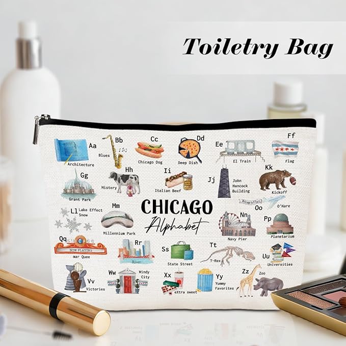 Chicago Alphabet Cosmetic Bag Makeup Bag Chicago Lovers Gift Chicago Travel Souvenir Merch Vacation Friendship Gifts for Women Chicago Lovers Girls Traveller Girls Trip Gifts Favors Christmas Birthday