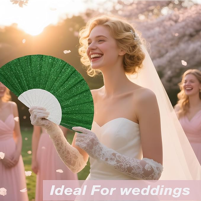 24 Pack Handheld Fan,Folding Hand Glitter Fan with Shining Transparent Fan Rib – Ideal for Wedding, Church, Festival, Dance, Tea Party, Club, and EDM Accessories, Light Green