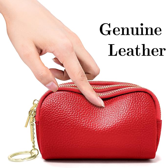 LINNO 3 Zippered Genuine Leather Coin Purse Triple Capacity Change Pouch Little Travel Wallet With Key Ring for Women