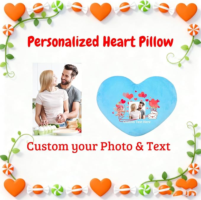 Custom Heart Pillow with Insert, Personalized Heart Shaped Pillow with Photo Text as Valentine Pillows for Girlfriend Boyfriend Home Decor Personalized Gifts for Valentines Day Anniversary