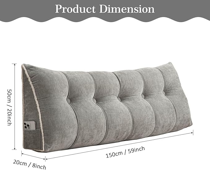 Headboard Pillow Queen, Chenille Triangular Wedge Pillow Headboard Queen Size, Reading Setting Backrest Daybed Pillows for Sofa Bed with Removable Cover, Grey