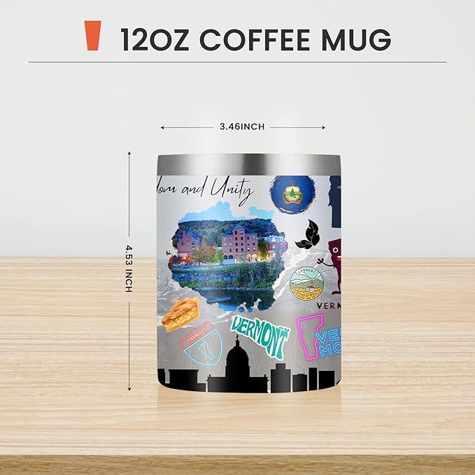 12oz Coffee Mug Vermont State Insulated Coffee Cups, United States Map Travel Mug Landmark, Birthday Gifts Cute Mugs with Lid and Straw Gifts for Mom
