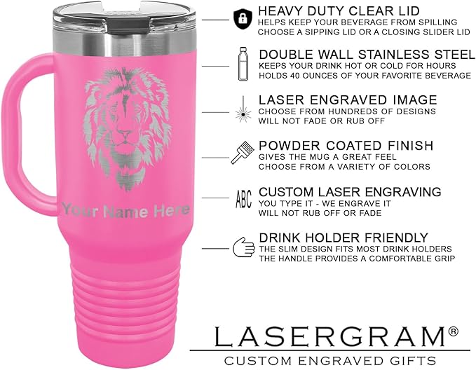 LaserGram 40oz Vacuum Insulated Travel Mug with Handle, Cup Cake, Personalized Engraving Included (Pink)