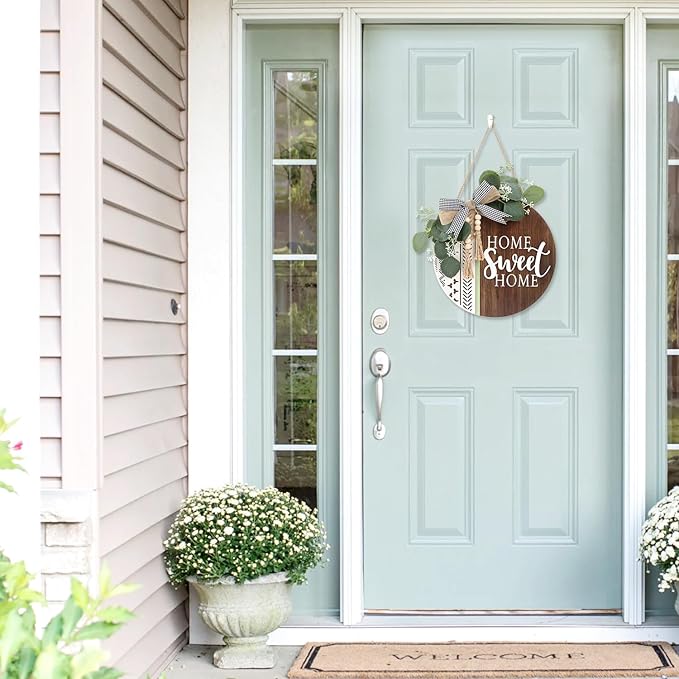 TOARTi 3D Welcome Front Door Wreath Porch Decor, Wooden Home Sweet Home Boho Outdoor Sign Hanging, Farmhouse Aztec Wall Sign Hanger with Artificial Leaves&Rustic Beads