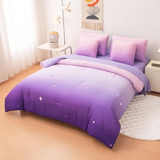 Rainbow Bedding Set Twin Size – 7 Piece Reversible Girls Comforter with Deep-Pocket Sheet, Gradient Galaxy Design, Whole-Piece Filling, Machine Washable Bed-in-a-Bag for Kids Room Makeover & Gifts