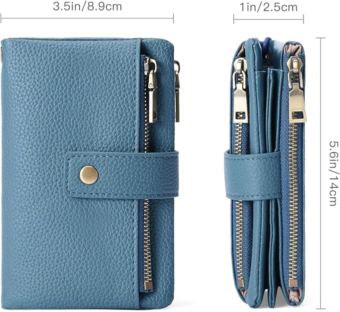 Practical Genuine Leather Wristlet Wallet for Women with Double Zipper Coin Purse and Card Organization (Blue)
