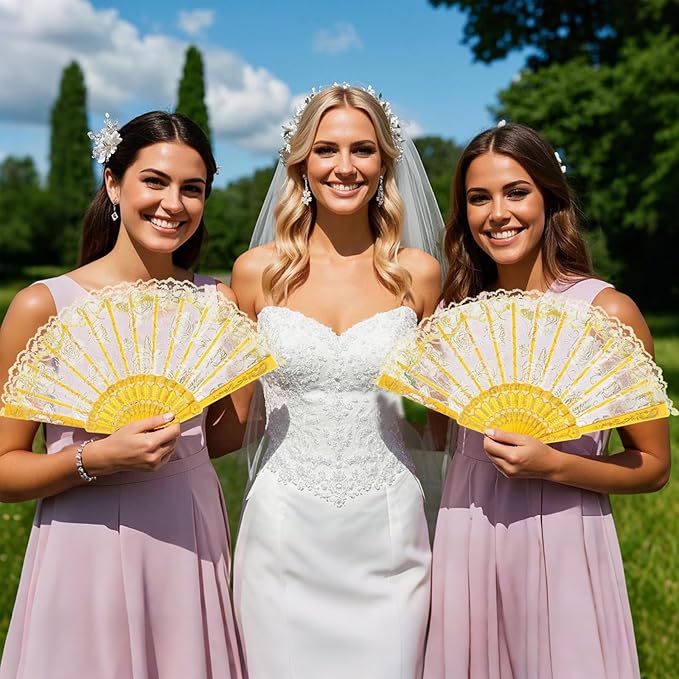 QIRMIZI 30pcs Silk Folding Hand Fans,Silk Fans,Yellow Rose Fans,Perfect for Weddings, Parties, and Dancing,Yellow