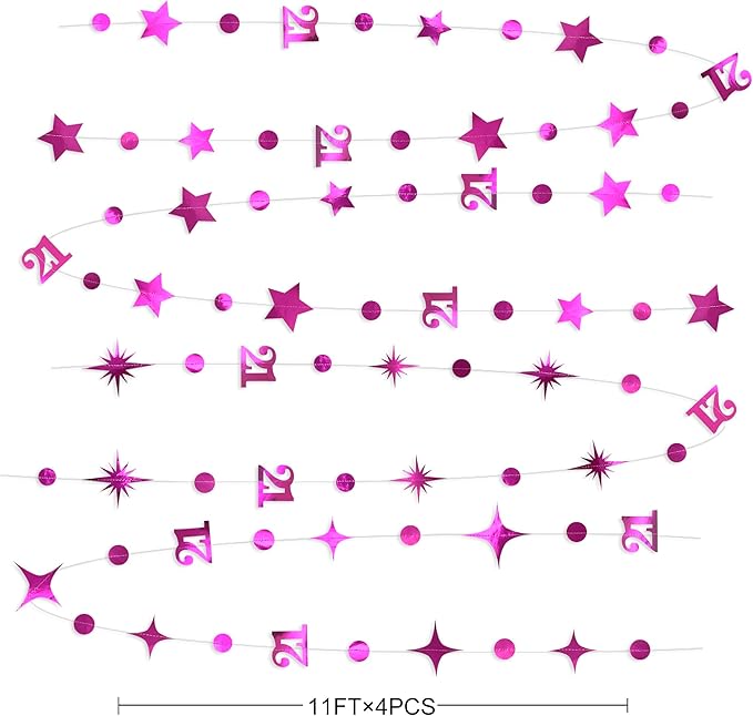 Hot Pink Number 21 Circle Dot Twinkle Star Garland Metallic Hanging Streamer Banner Backdrop Decorations for Girls Happy 21st Birthday Hot Girl Finally Legal Bday 21st Anniversary Party Supplies
