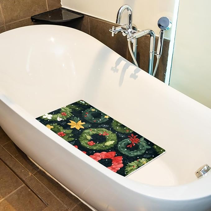 Bathtub Mats for Shower Tub, Christmas Wreath New Year Tree Cartoon Pattern Anti-Slip Bath Mats for Inside Tub, Bathroom Shower Mats with Drain Holes and Suction Cups