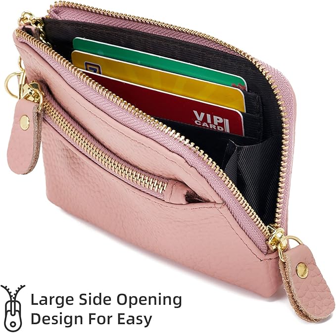 Genuine Leather Coin Purse for Women with Large Opening & Wrist Strap Navy (Pink)
