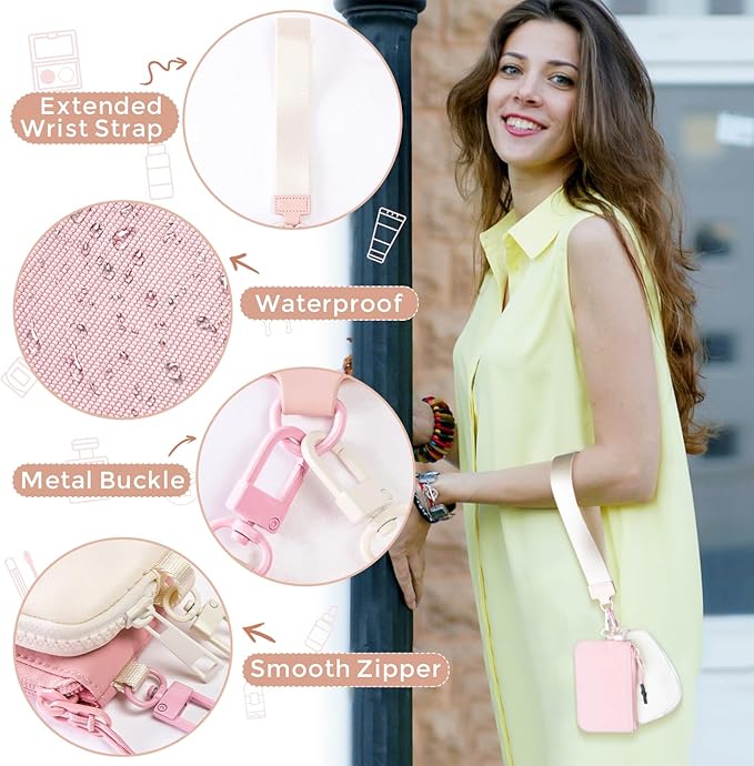 Dual Pouch Wristlet Keychain Wallets for Women with 2 Detachable Zipper Coin Purse - Small and Portable Mini Card Wallet for Women Men Pink+Ivory