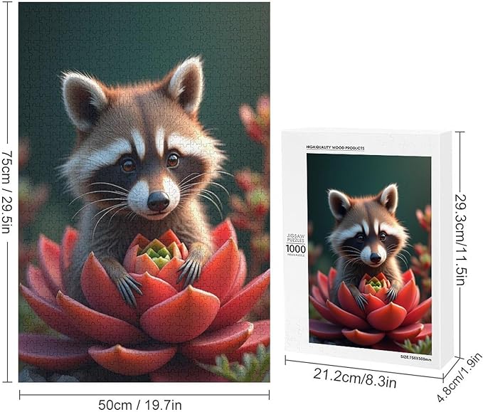 Puzzles for Adults 1000 Pieces Wooden Jigsaw Puzzle - Succulent & Cute Raccoon Theme Puzzle，Party Games，Family Toys，Educational Puzzles，Stress Relief Wooden Puzzle，Gifts for Family and Friends