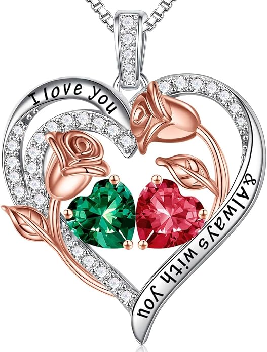 Iefil Valentines Day Gifts for Her - 925 Sterling Silver Rose Heart Birthstone Necklace Birthday Anniversary Jewelry Gifts for Her Wife Mom Daughter