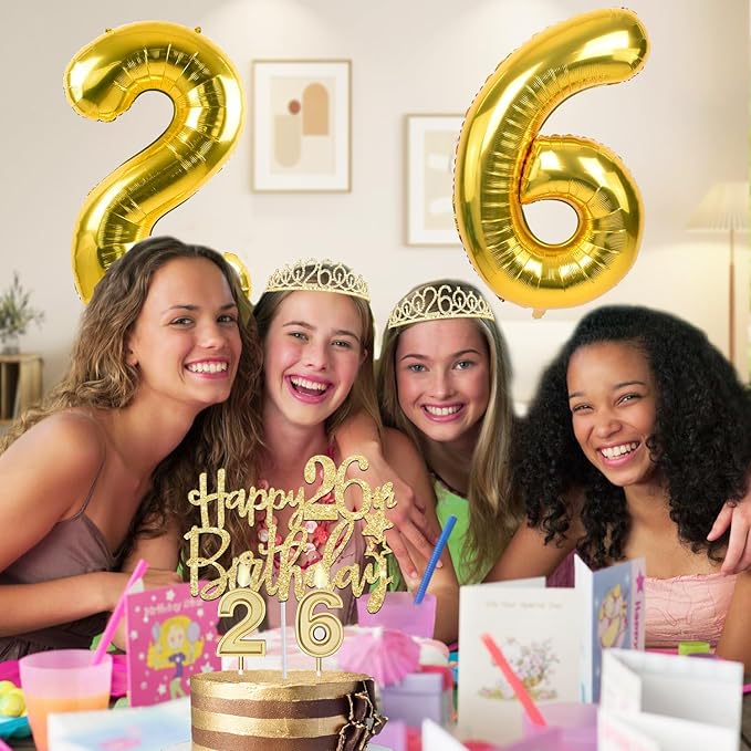 26th Birthday Decorations for Women Gold Set with 26th Birthday Tiara and Sash, Cake Topper and Candles, Number Balloons, 26 Year Old Gifts for Women