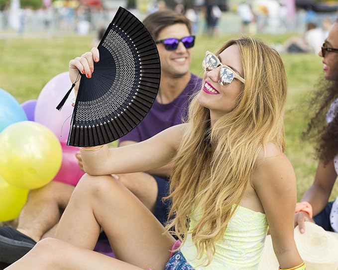 Hand Held Fan for Women Foldable, Chinese Japanese Vintage Bamboo Silk Folding Fans Hand Fan for Dance Music Festival Wedding Church Decoration (Black-O)