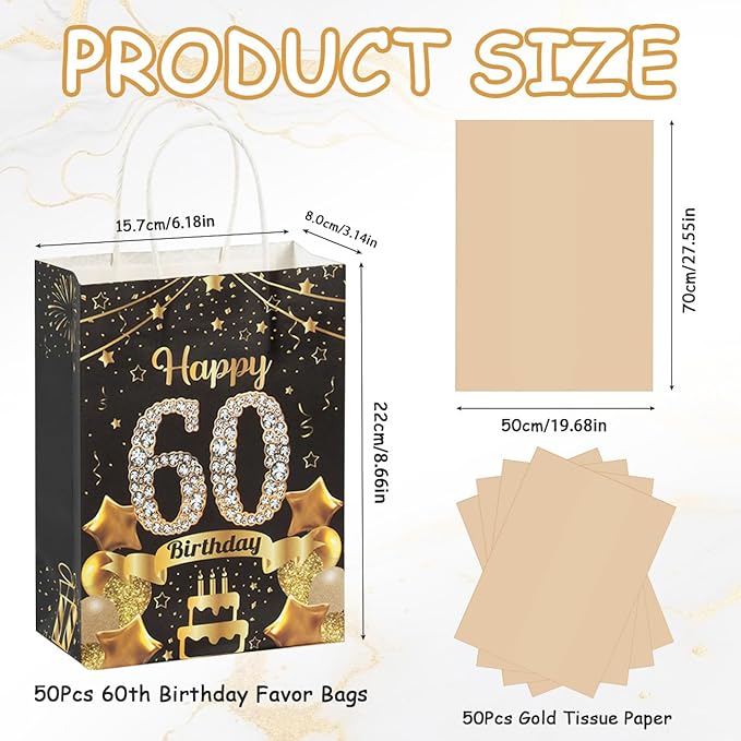 50Pcs 60th Birthday Party Favors Gift Bags Bulk, Black and Gold Happy 60th Gift Candy Wrap Bags with Tissue Paper, Vintage 60th Birthday Decorations Souvenir Bag for Men Women Anniversary Supplies (60th)