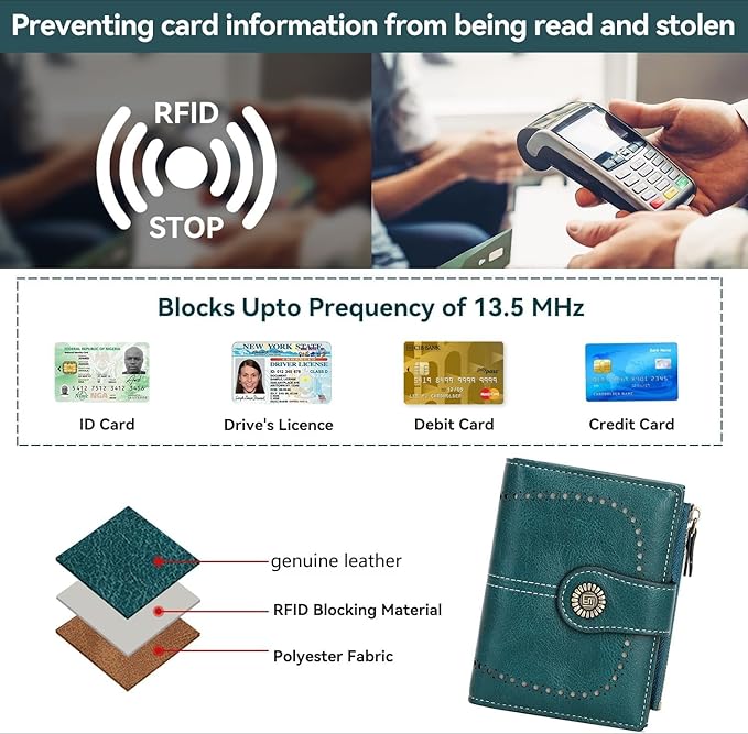 Women's Small Genuine Leather Bifold Wallet Large Capacity RFID Blocking with 16 Card Slots 2 ID Windows and Zipper Coin Pocket Pink (Peacock Blue)