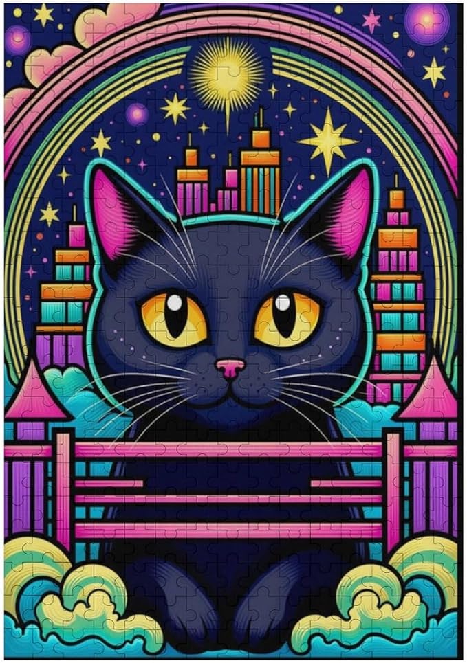 Wooden Puzzle - Dreamy Starry Night Cat Jigsaw Puzzles，Wooden Puzzles for Adults 300 Pieces Challenge Puzzles，Educational Games，Family Puzzles，Unique Gifts for Wall Art