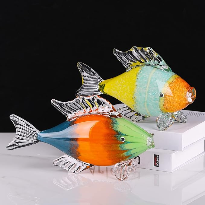 LCCCK Large Glass Fish Statue, Hand Blown Glass Sea Life Figurines, Coastal Decor for Home,Tropical Fish Ornaments Collectible Figurines, Coffee Table, Shelf, Office, Bathroom Decoration Nautical Art