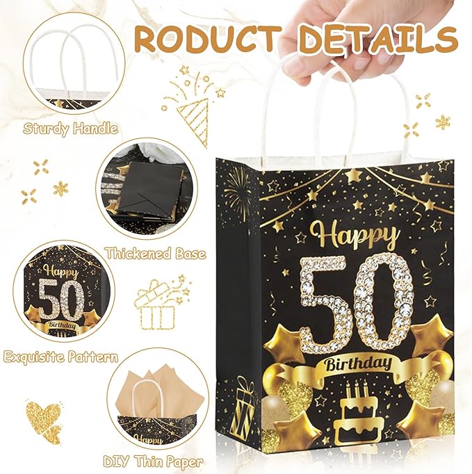 50Pcs 50th Birthday Party Favors Gift Bags Bulk, Black and Gold Happy 50th Gift Candy Wrap Bags with Tissue Paper, Vintage 50th Birthday Decorations Souvenir Bag for Men Women Anniversary Supplies (50th)