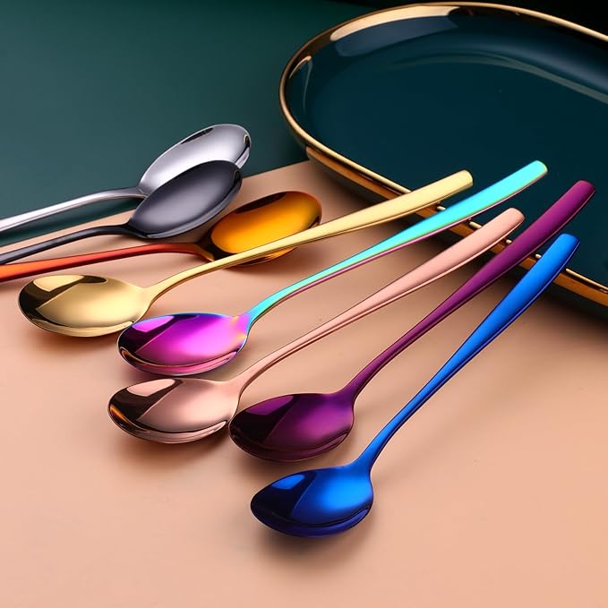 Metal Round Spoons, 8 inch Stainless Steel Reusable Long Handle Korean Soup Spoons, Table Dinner Desert Spoon Set of 8 (Purple)