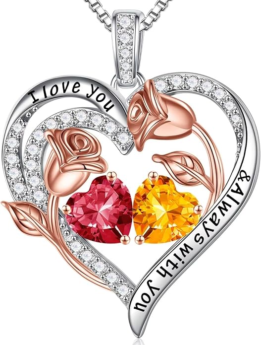 Iefil Valentines Day Gifts for Her - 925 Sterling Silver Rose Heart Birthstone Necklace Birthday Anniversary Jewelry Gifts for Her Wife Mom Daughter