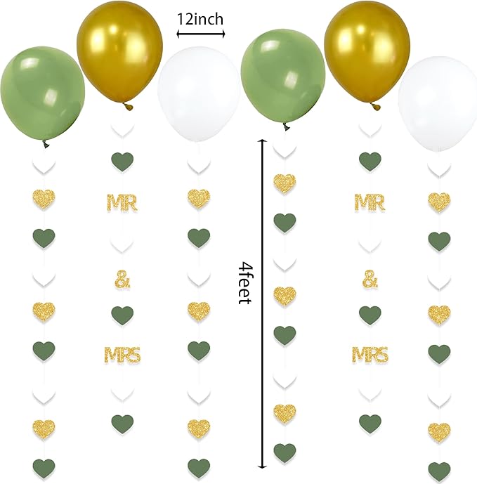 Sage Green Wedding Party Decorations Gold/Green/White Heart Mr and Mrs Garland with Balloons for Bridal Shower Engagement Bachelorette Party
