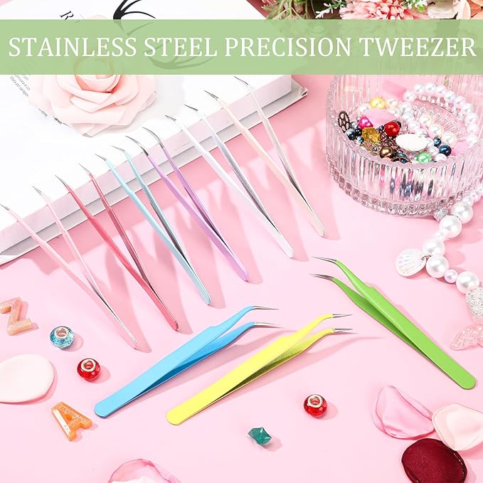 Honoson 9 Pieces Curved Pointed Craft Tweezers Stainless Steel Precision Tweezer with Protective Cover for Rhinestones Dried Flowers Craft Stickers Eyelash Extension Jewelry Making(Macaron Colors)