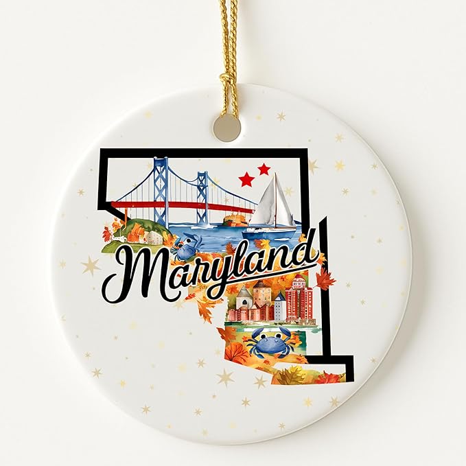 USA State Landmark Ceramic Ornament – Round Glossy Christmas Decoration Featuring U.S. State Art, Landmarks & Holiday Scenery – Collectible Travel Souvenir Ornament Series (Maryland)