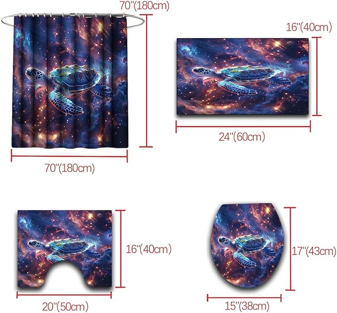 Sea Turtle Shower Curtain - 4 Pcs Kids Shower Curtain Set Turtle Bathroom Accessories with Rug,Toilet Cover and Bath Mat with 12 Hooks