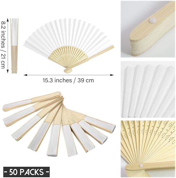 50 Packs White Paper Fans Paper Hand Fan Bamboo Folding Fan Handheld Fan Paper Folded Fan Paper Fan for Wedding Party and Home Decoration