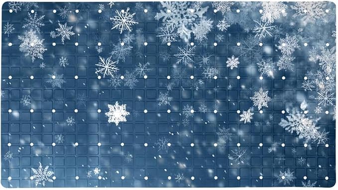 Christmas White Snowflakes on Blue Background Bath Tub and Shower Mats, Non Slip Bathmat with Drain Holes and Suction Cups for Bathroom Floor, 15.1 x 26.8 Inch