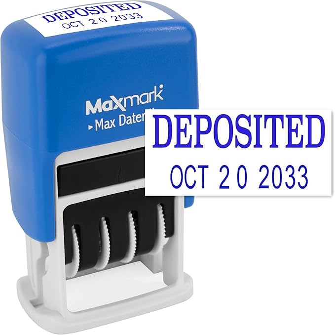 MaxMark Self-Inking Rubber Date Office Stamp with DEPOSITED Phrase & Date - Blue Ink (Max Dater II), 12-Year Band