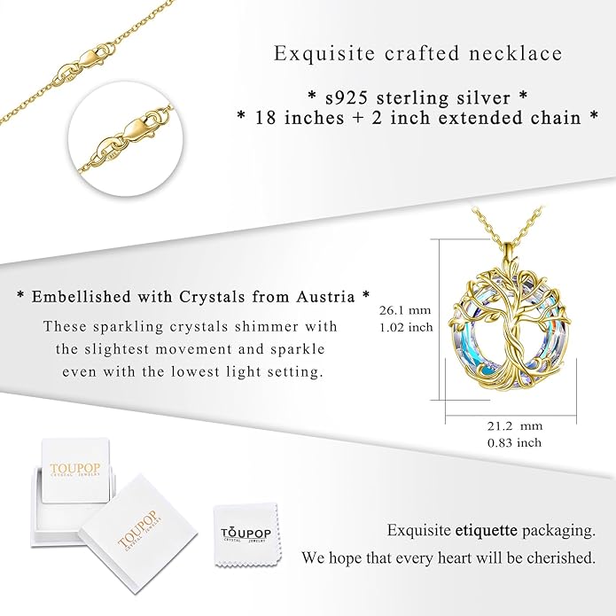 TOUPOP Tree of Life Necklace 925 Sterling Silver Family Tree Pendant Austrian Crystal Jewelry Valentines Day Birthday Gifts for Women Mom Wife Her