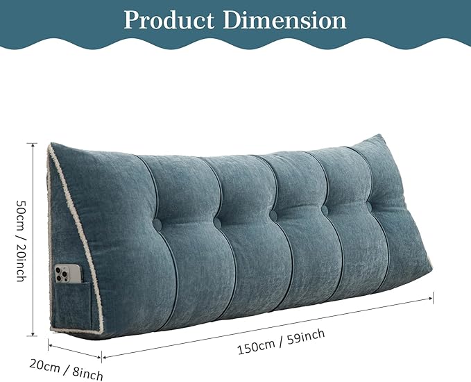 Headboard Pillow Queen, Chenille Triangular Wedge Pillow Headboard Queen Size, Reading Setting Backrest Daybed Pillows for Sofa Bed with Removable Cover, Blue