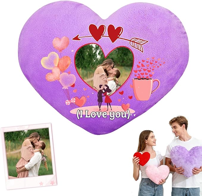 Custom Heart Pillow with Photo Text, Personalized Heart Shaped Pillow with Insert as Valentine Pillows Home Decor Personalized Gifts for Husband Wife Kids Family on Valentines Day Anniversary