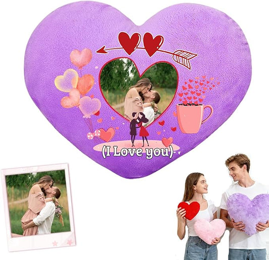 Custom Heart Pillow with Photo Text, Personalized Heart Shaped Pillow with Insert as Valentine Pillows Home Decor Personalized Gifts for Husband Wife Kids Family on Valentines Day Anniversary