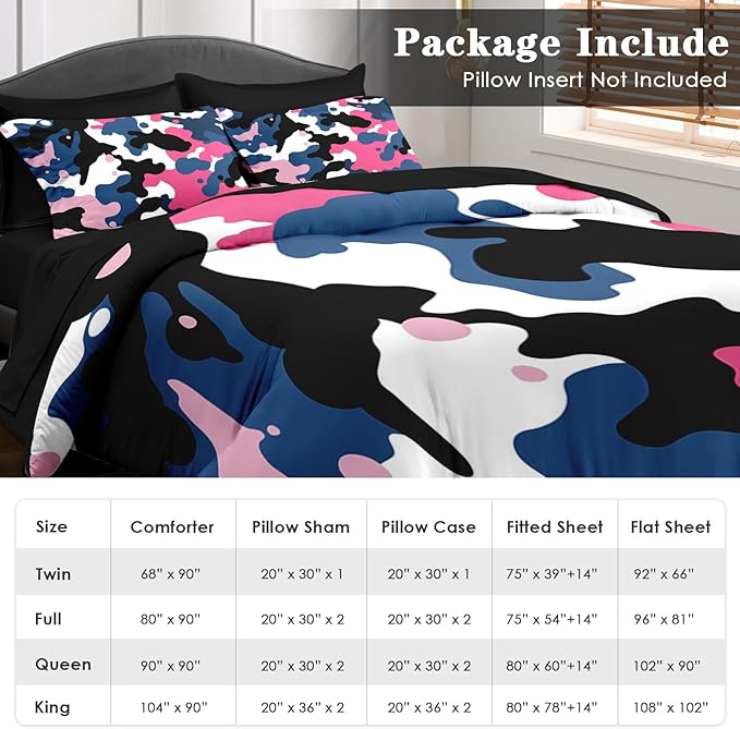 Comforter Set Full Size, Camouflage Camo Army 7 Pcs Bedding for Kids and Adults, Pink Green Summer Bed Sheet Sets with Fitted Sheet 2 Pillowcases & 2 Shams for Bedroom Bed Decor